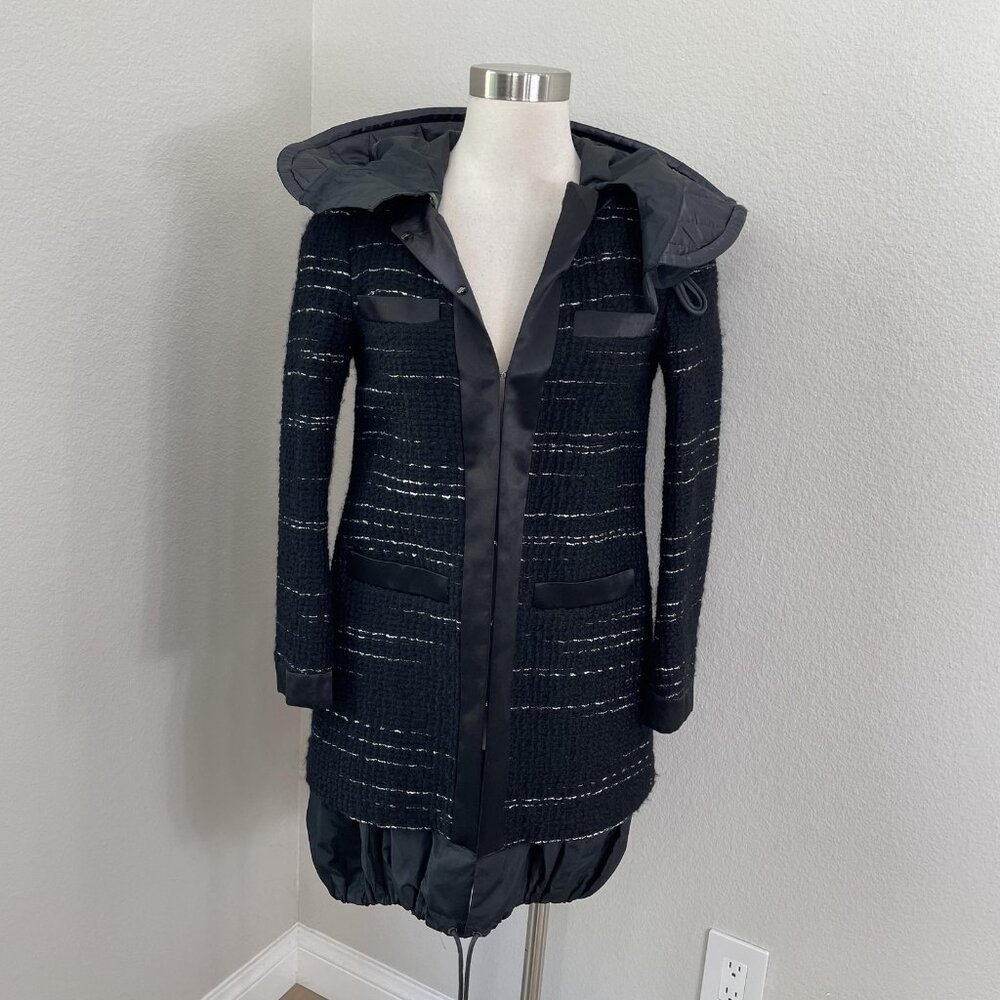 Sacai Coat Womens Small Black Wool Nylon Mixed Media Hooded Avant Garde Jacket